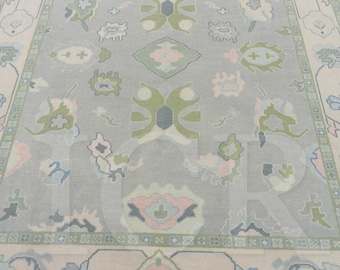 Vintage Oushak Area Rug, Handmade Turkish Style Wool Rug, Neutral Beige Floral Carpet, Farmhouse & Boho Home Decor.