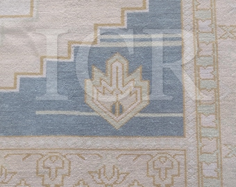 Hand Knotted Modern Oushak Rug: Taupe, Blue, Made to Order