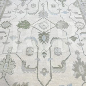 Ivory Sage Green Botanical Carpet, Vintage Oushak Rug, Minimalist Wool Rug. image 7