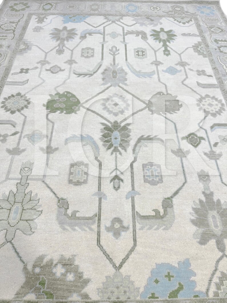 Ivory Sage Green Botanical Carpet, Vintage Oushak Rug, Minimalist Wool Rug. image 7