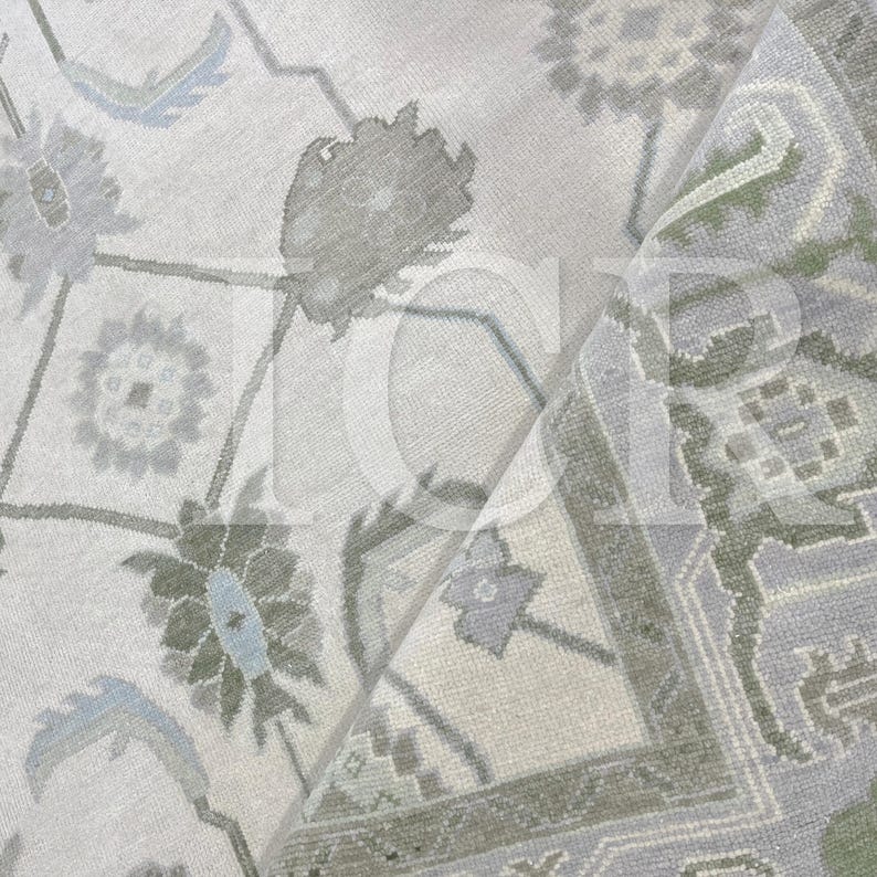 Ivory Sage Green Botanical Carpet, Vintage Oushak Rug, Minimalist Wool Rug. image 4