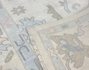 Oushak-Teppich in gedecktem Salbei und Blau – Handgeknüpfter, neutraler Wollteppich – Moderner Landhausstil – Großer Teppich