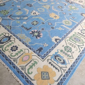 Modern Oushak Hand knotted   Blue White Modern Vintage   Made to Order (In Any Size!)Modern Oushak rug/ large area rug/pastel/sage/muted Rug