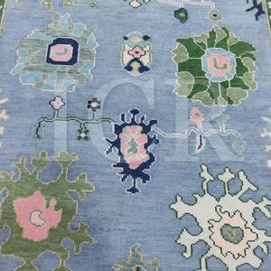 Hand Knotted Modern Oushak Rug, Sky Blue and Pink Floral, Made to Order image 9