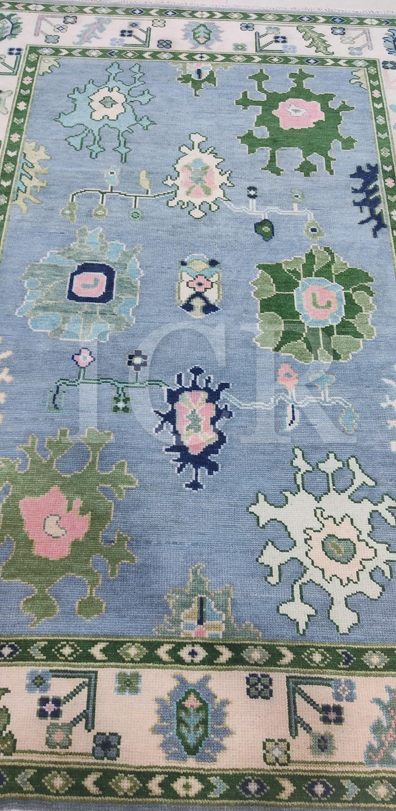 Hand Knotted Modern Oushak Rug, Sky Blue and Pink Floral, Made to Order image 9