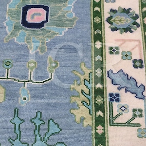 Hand Knotted Modern Oushak Rug, Sky Blue and Pink Floral, Made to Order image 5
