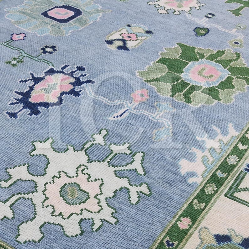 Hand Knotted Modern Oushak Rug, Sky Blue and Pink Floral, Made to Order image 8