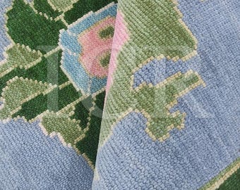 Hand Knotted Modern Oushak Rug, Sky Blue and Pink Floral, Made to Order