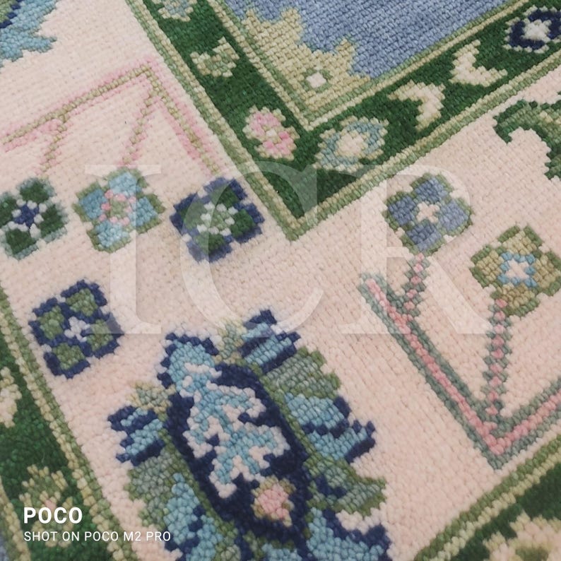 Hand Knotted Modern Oushak Rug, Sky Blue and Pink Floral, Made to Order image 3