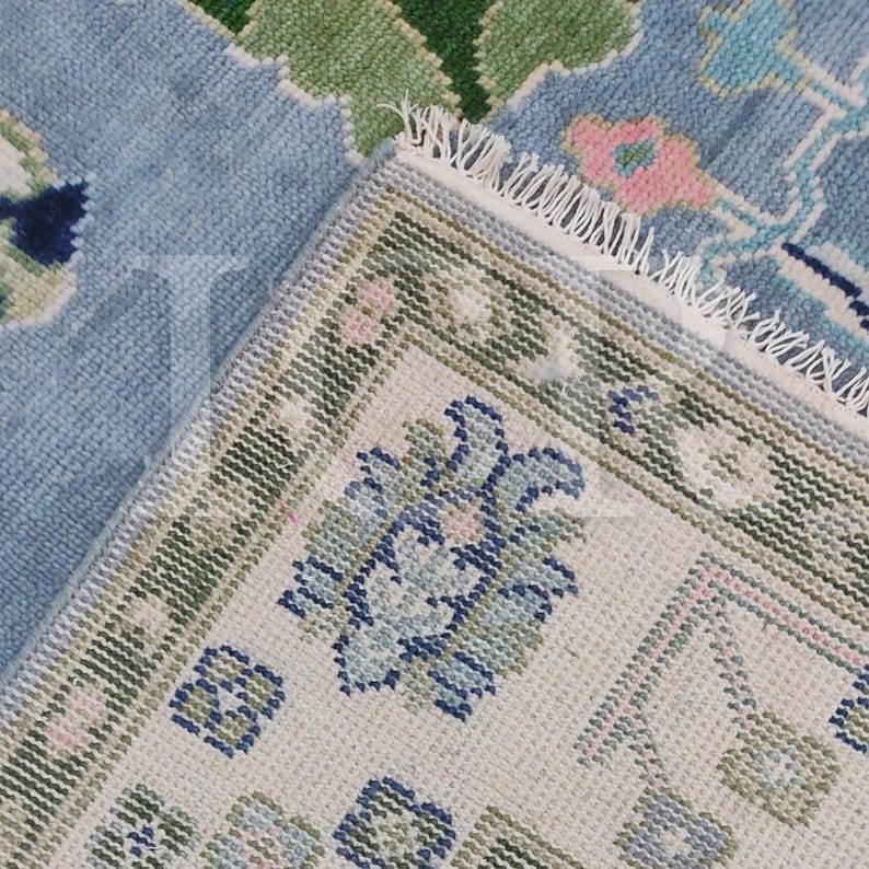 Hand Knotted Modern Oushak Rug, Sky Blue and Pink Floral, Made to Order image 7
