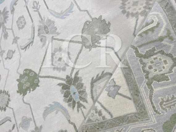 Ivory Sage Green Botanical Carpet, Vintage Oushak Rug, Minimalist Wool Rug.