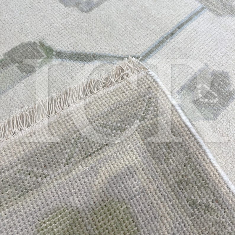 Ivory Sage Green Botanical Carpet, Vintage Oushak Rug, Minimalist Wool Rug. image 5