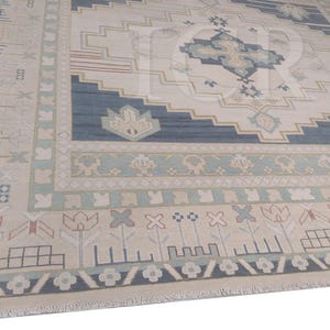 Hand Knotted Modern Oushak Rug: Taupe, Blue, Made to Order