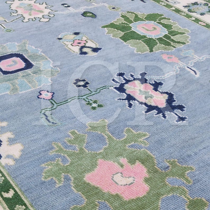 Hand Knotted Modern Oushak Rug, Sky Blue and Pink Floral, Made to Order image 2