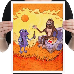 May include: A colorful illustration depicts a Bigfoot-like creature and a purple frog-like character enjoying drinks and cigarettes in a desert landscape. The artwork features a sunset and a box of beer, creating a whimsical and humorous scene.