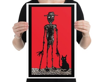 May include: A black and white illustration of a tall, thin figure wearing a hat and holding a stick. The figure is standing on a patterned surface with a black cat sitting beside it. The background is a solid red color.