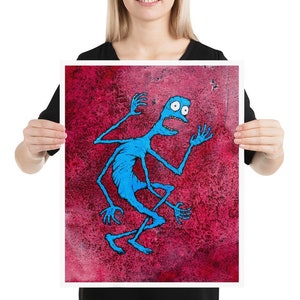 May include: A blue, cartoon-style creature with a wide mouth and large eyes is depicted against a red, textured background. The creature appears to be in a state of panic or fear, with its arms and legs outstretched.