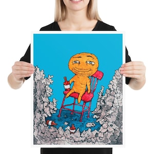 May include: A digital illustration of a cartoon character with an orange head and body sitting on a red chair. The character is holding a bottle of red liquid and is surrounded by a blue background and gray and white abstract shapes.