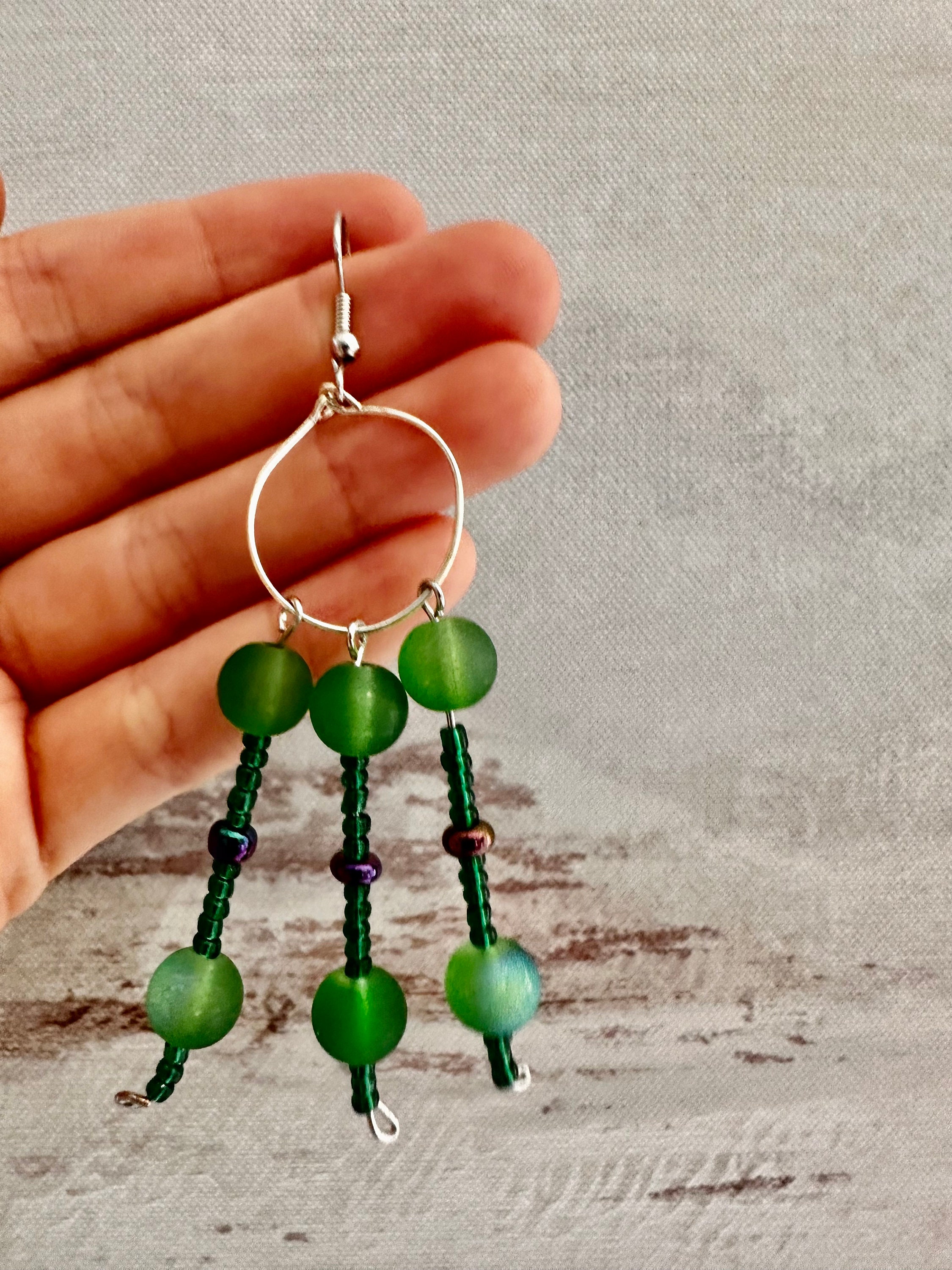 EMERALD BEADED EARRINGS Dangle and Drop Earrings, Beaded Earrings