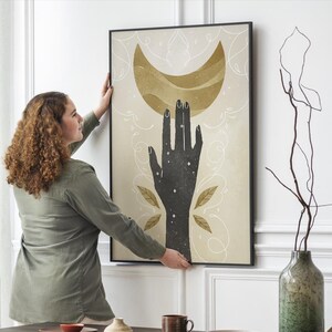 Mystical art print in beige, black and gold, wall decor for dream spaces, Celestial hand with crescent moon, instant art, gift for mom