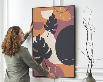 Obras de arte abstractas orgánicas, hojas de Monstera en el arte moderno, decoración minimalista de arte de pared, impresión instantánea de pared, impresión de lienzo colorido, regalo para el hogar