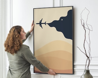 Arte del amanecer y el atardecer, impresión de arte de avión estilizado, decoración de pared moderna, impresión de pared instantánea, impresión de lienzo, regalo para el hogar