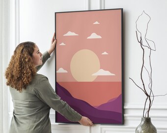 Descarga de arte abstracto, arte paisajístico minimalista, paisaje de montaña, decoración de paredes, tonos rosas y violetas, gran sol melocotón, regalo de lienzo