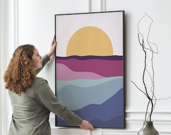 Arte paisajístico soleado y minimalista, coloridas colinas abstractas y sol radiante, impresión de pared abstracta instantánea, impresión de lienzo en colores vivos