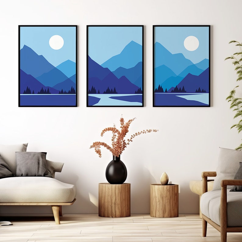 Obras de arte abstractas, paisaje de montaña con luna brillante, decoración de pared con degradado de color en tonos azules, ilustración digital, lienzo de regalo imagen 2