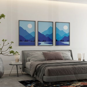 Obras de arte abstractas, paisaje de montaña con luna brillante, decoración de pared con degradado de color en tonos azules, ilustración digital, lienzo de regalo imagen 5