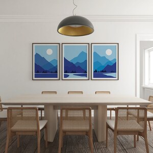 Obras de arte abstractas, paisaje de montaña con luna brillante, decoración de pared con degradado de color en tonos azules, ilustración digital, lienzo de regalo imagen 4