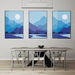 Obras de arte abstractas, paisaje de montaña con luna brillante, decoración de pared con degradado de color en tonos azules, ilustración digital, lienzo de regalo imagen 3