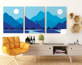 Obras de arte abstractas, paisaje de montaña con luna brillante, decoración de pared con degradado de color en tonos azules, ilustración digital, lienzo de regalo