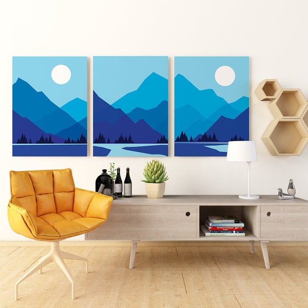 Obras de arte abstractas, paisaje de montaña con luna brillante, decoración de pared con degradado de color en tonos azules, ilustración digital, lienzo de regalo