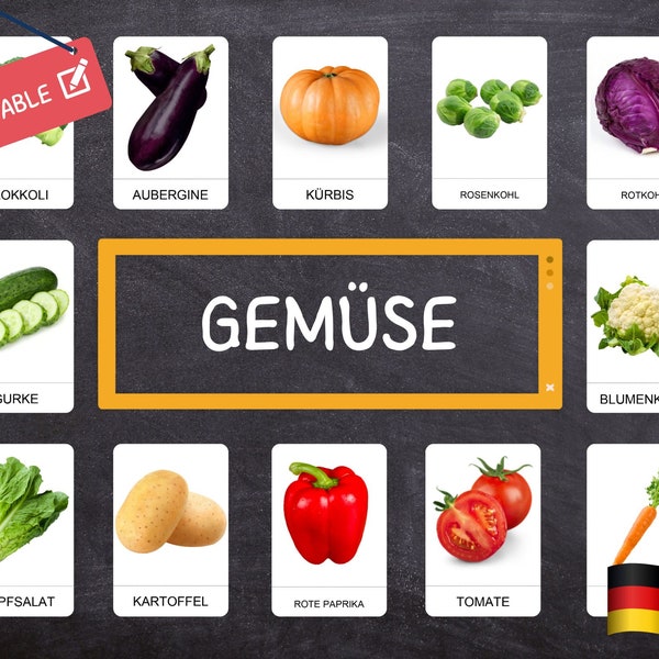 VEGETABLES Montessori · GERMAN · GEMÜSE · 40 easy-to-cut educational cards · Real photos · Montessori Flashcards · Editable PDFs