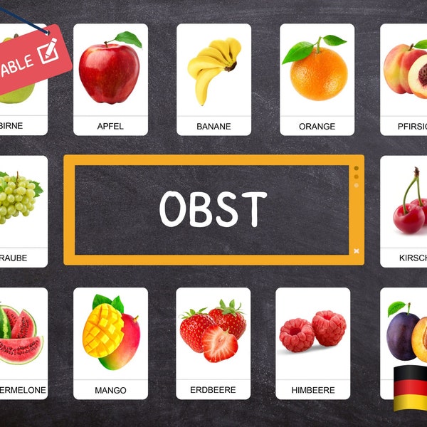 FRUITS Montessori · GERMAN · 40 easy-to-cut educational cards · Real photos · Montessori Flashcards · Editable PDFs · Ideal for children