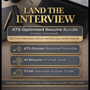 May include: A digital product advertisement with the text "LAND THE INTERVIEW" in gold lettering. The image includes a laptop, notebook, pen, and coffee mug. The product is an ATS-Optimized Resume Bundle with resume formulas, an AI prompt vault, and an interview answer guide.