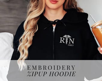 Custom Embroidered Nurse Zip Up Hoodie RN Personalized Nurse Jacket Full Zip Embroidery Medical Jacket ZipUp Black ICU Nurse Zip Sweater
