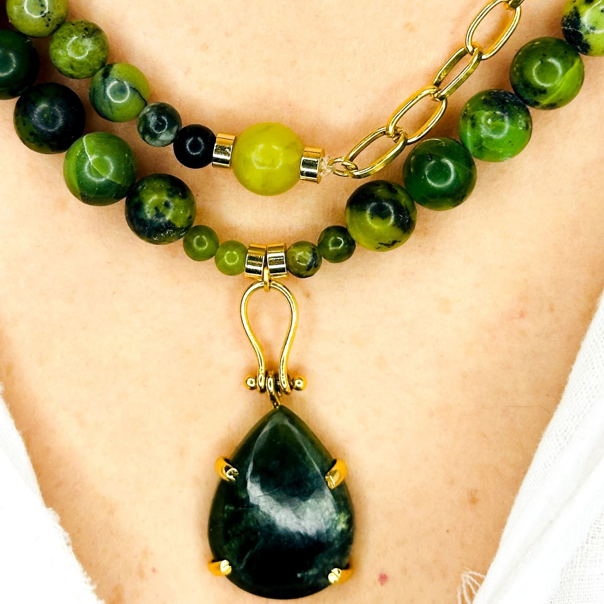 Green Jade and Pink Sunstone Golden Necklace