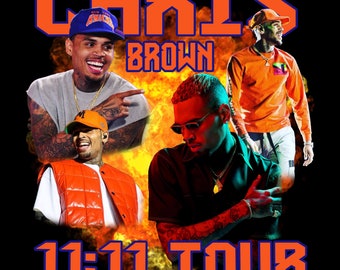 May include: A graphic design featuring a collage of images of Chris Brown. The design features a fiery background with the text "Chris Brown 11-11 Tour" in orange and blue.