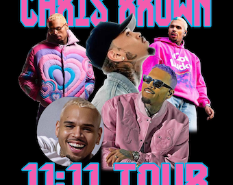 May include: A collage of images featuring Chris Brown in various poses. The images are set against a black background with the text "CHRIS BROWN 11:11 TOUR" in pink and blue letters.