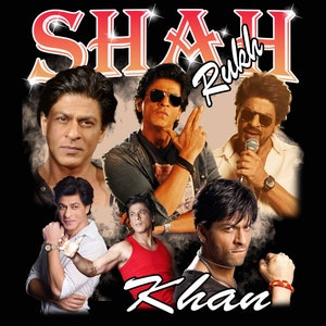 Puede incluir: Una camiseta gráfica en blanco y negro con un collage de imágenes del actor de Bollywood Shah Rukh Khan. El texto "Shah Rukh Khan" está escrito en una fuente estilizada en la parte inferior de la camiseta.