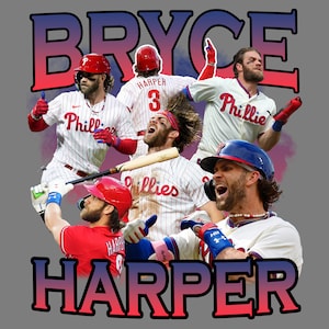 May include: A collage of images featuring baseball player Bryce Harper wearing a Philadelphia Phillies uniform. The images show Harper in various poses, including batting, running, and celebrating. The text "Bryce Harper" is written in large, bold letters across the bottom of the image.