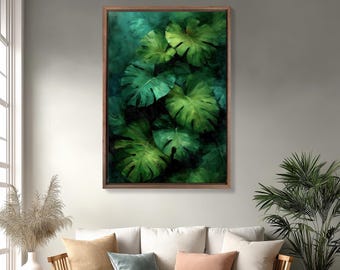 Monstera tropical leaves oil painting print, lush green plant wall art with jungle vibes, modern nature-inspired (Digital Download)
