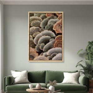 May include: A framed artwork featuring a close-up of layered, textured fungi in shades of gray, brown, and beige. The artwork is displayed in a room with a green sofa, white pillows, and a wooden coffee table.