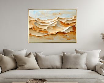 Oil painting of desert sand dunes, minimalist textured art print, abstract nature inspired wall decor in warm earth tones, landscape frame