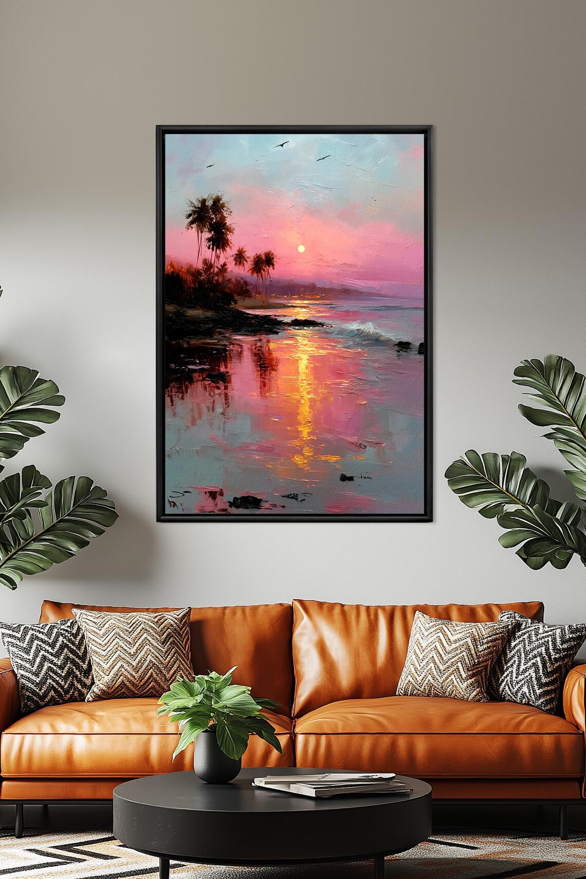 Tropical Beach Sunset Oil Painting With Palm Trees and Ocean Reflection ...