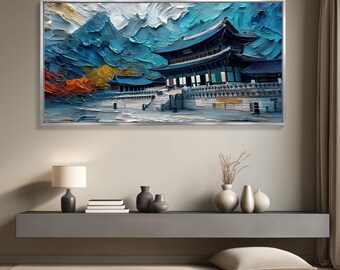gyeongbokgung palace wall art – korean palace impasto painting, textured seoul architecture canvas print (Digital Download)