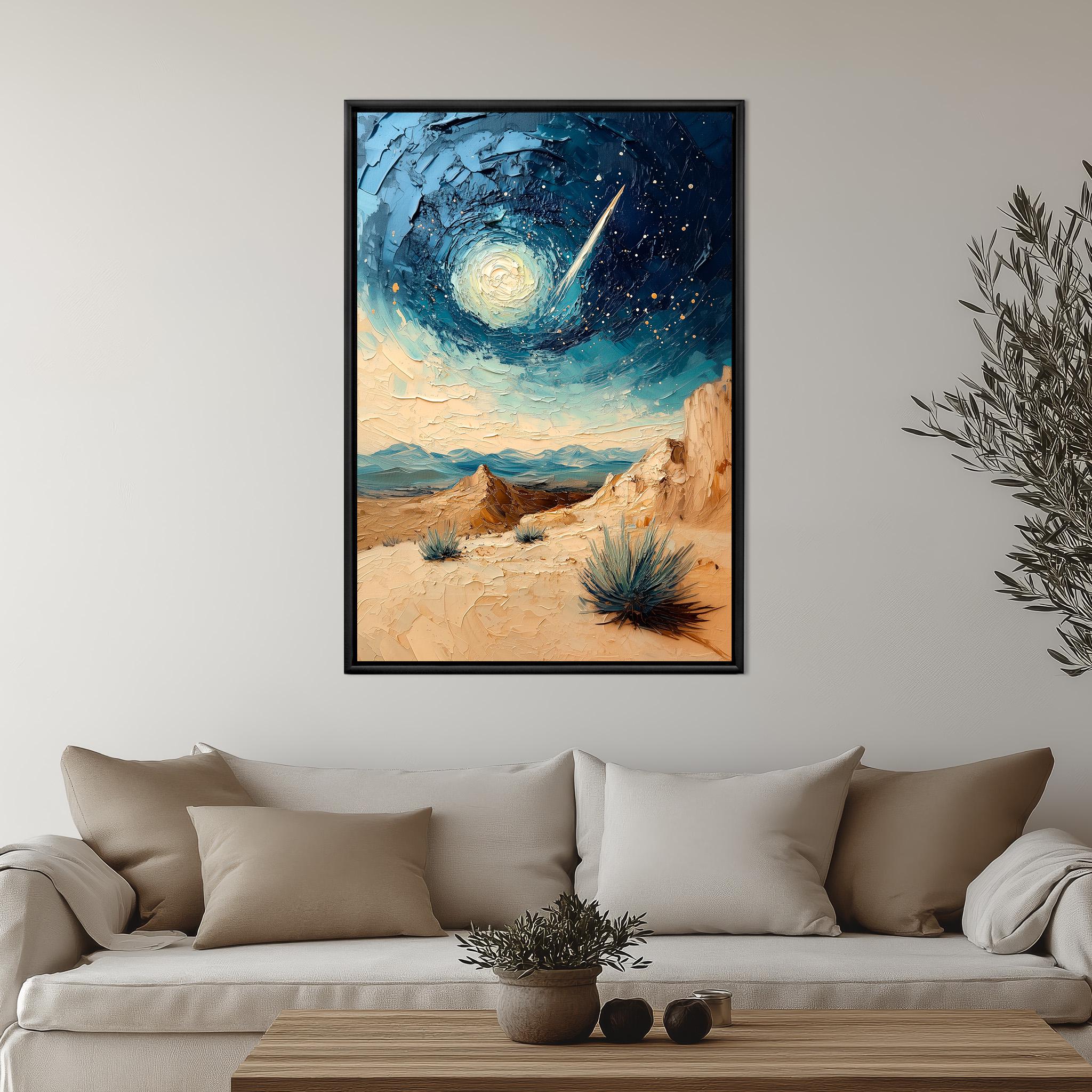 Starry Desert Night Canvas Print, Framed Wall Art, AI Painting, Abstract Galaxy Sky, Surreal Landscape  artistic Meteor, impressionist