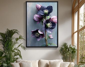 Hellebores flower oil painting print – moody purple floral wall art, romantic winter bloom botanical art for home decor (Digital Download)